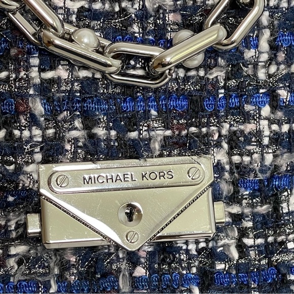 MICHAEL KORS Cece Tweed Small Shoulder Crossbody Satchel Bag Silver Chain Luxury - Picture 5 of 17